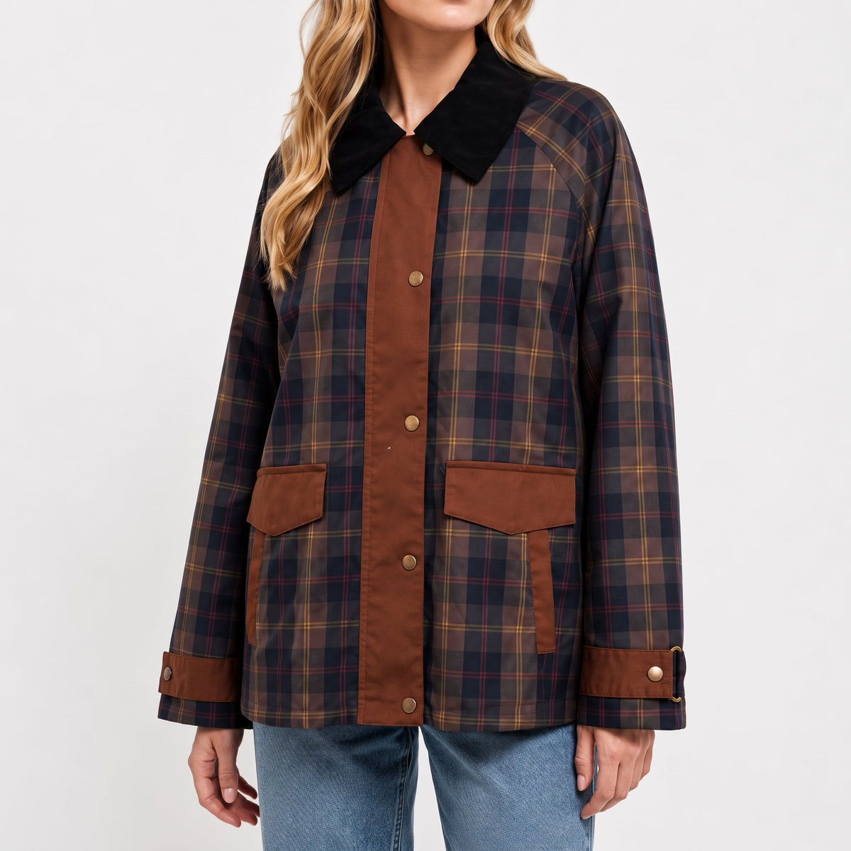 Charlotte - Dames Oversized Geruite Overgangsjas met Contrasterende Kraag