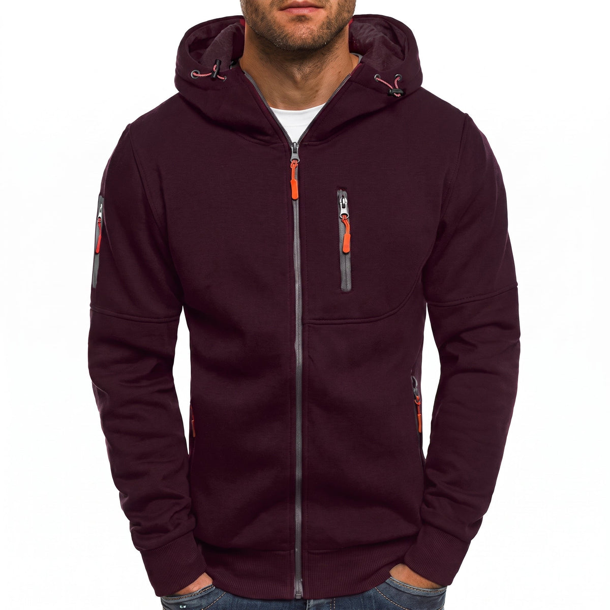 Friedrich - Heren Geribbelde Mouw Multi-Pocket Contrast Rits Hoodie