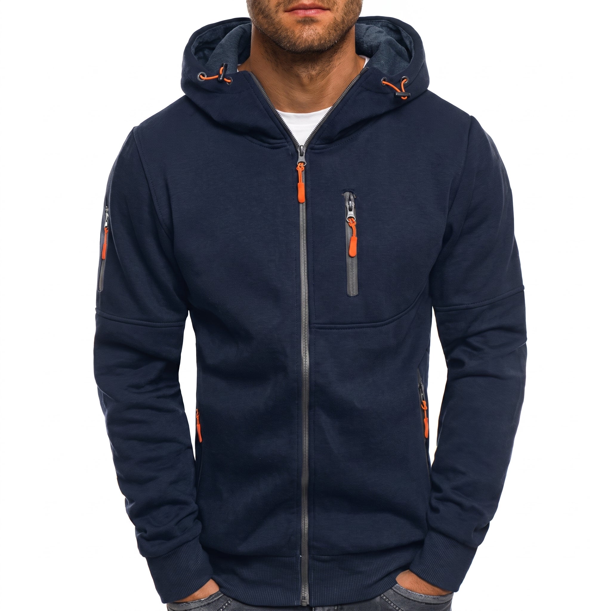 Friedrich - Heren Geribbelde Mouw Multi-Pocket Contrast Rits Hoodie