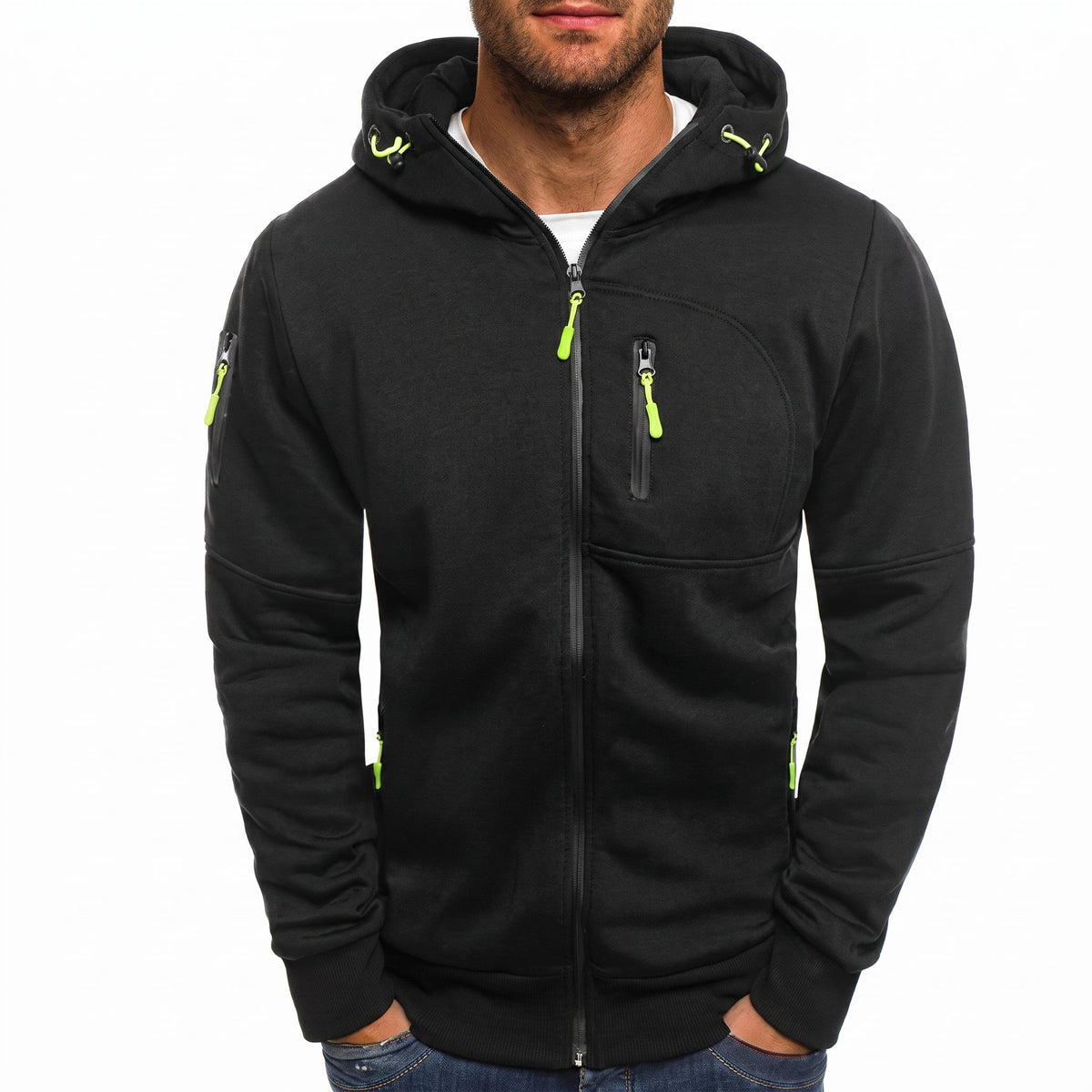 Friedrich - Heren Geribbelde Mouw Multi-Pocket Contrast Rits Hoodie