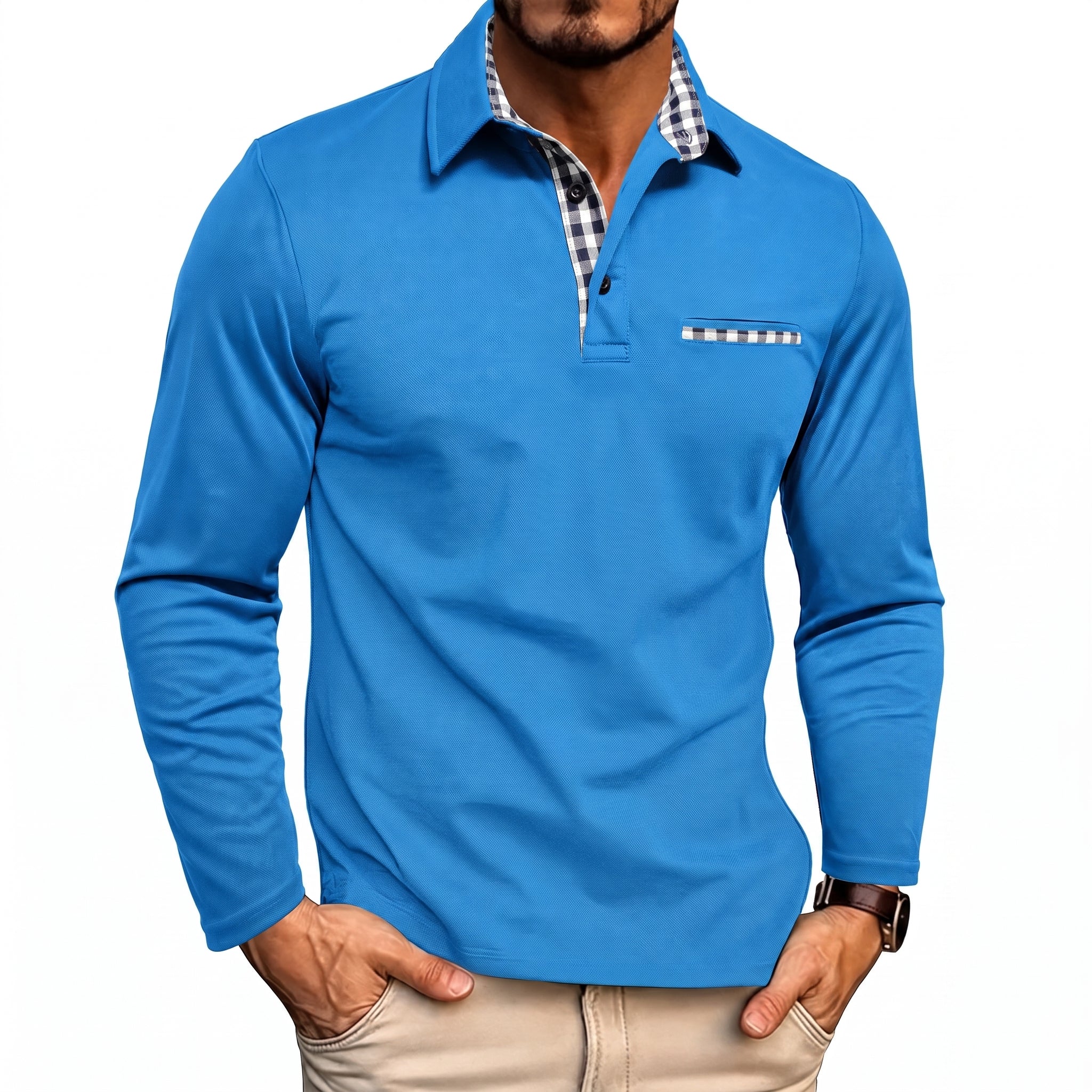 Johann - Heren Poloshirt met Lange Mouwen en Contrast Geruite Kraag