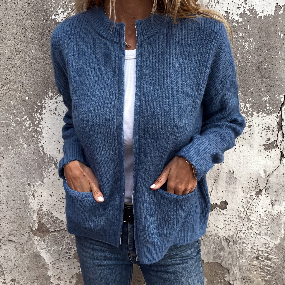 Olivia - Dames Relaxed Zip-Through Geribde Cardigan