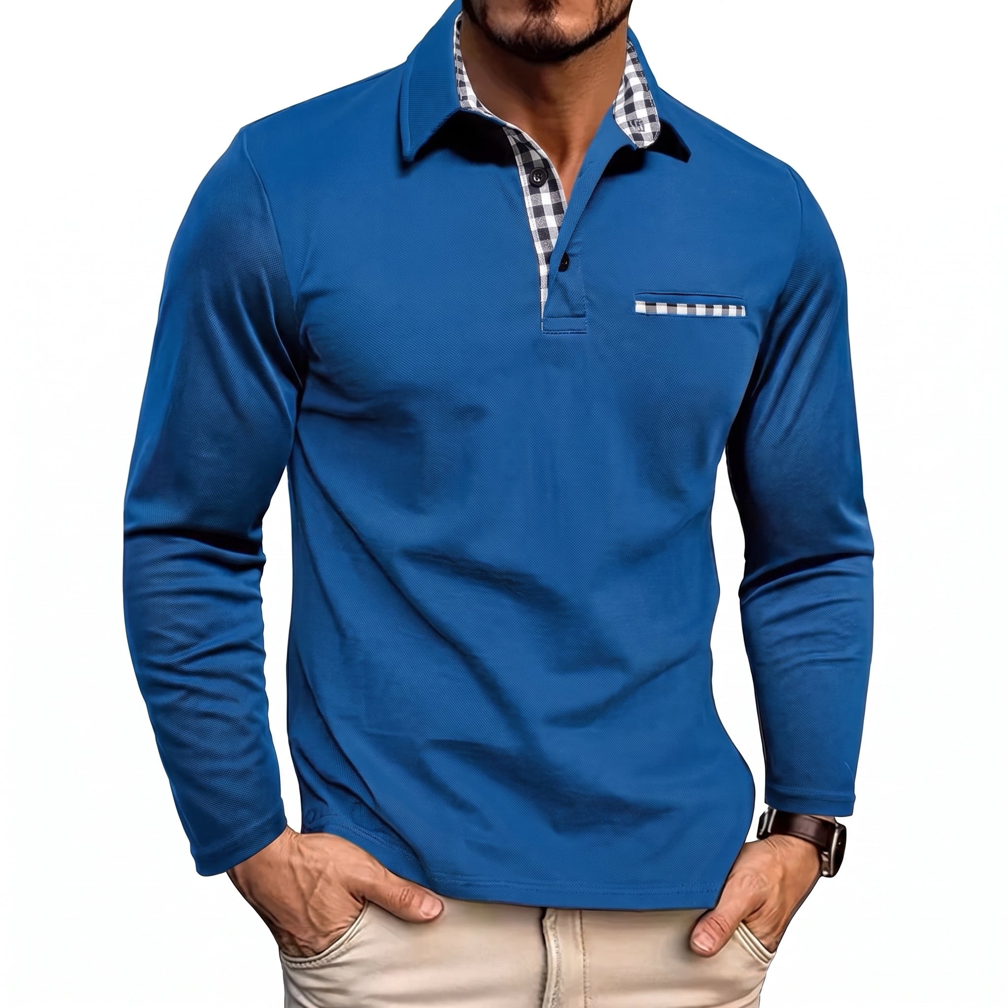 Johann - Heren Poloshirt met Lange Mouwen en Contrast Geruite Kraag