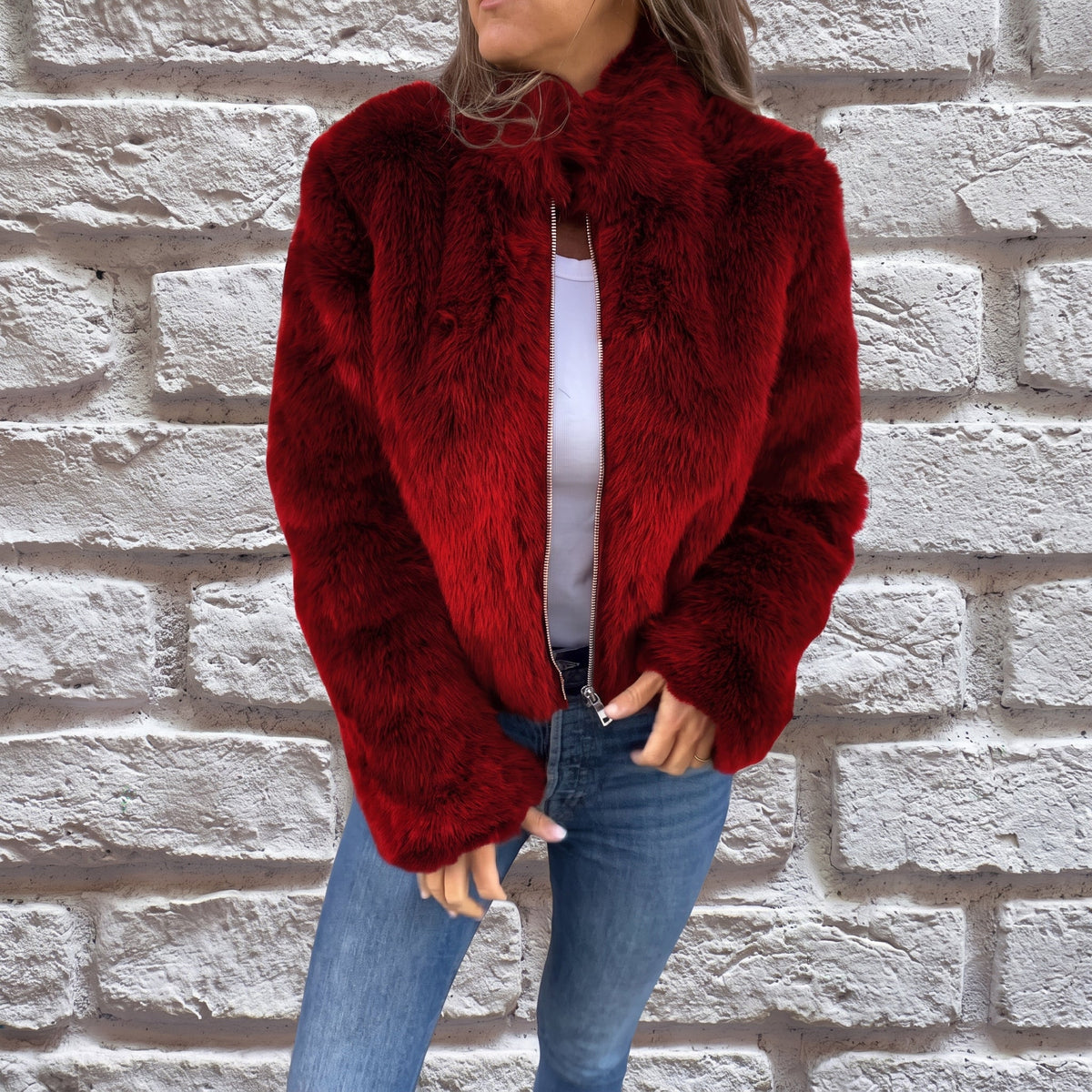 Charlotte - Dames Cropped Fluffy Jacket met Staande Kraag