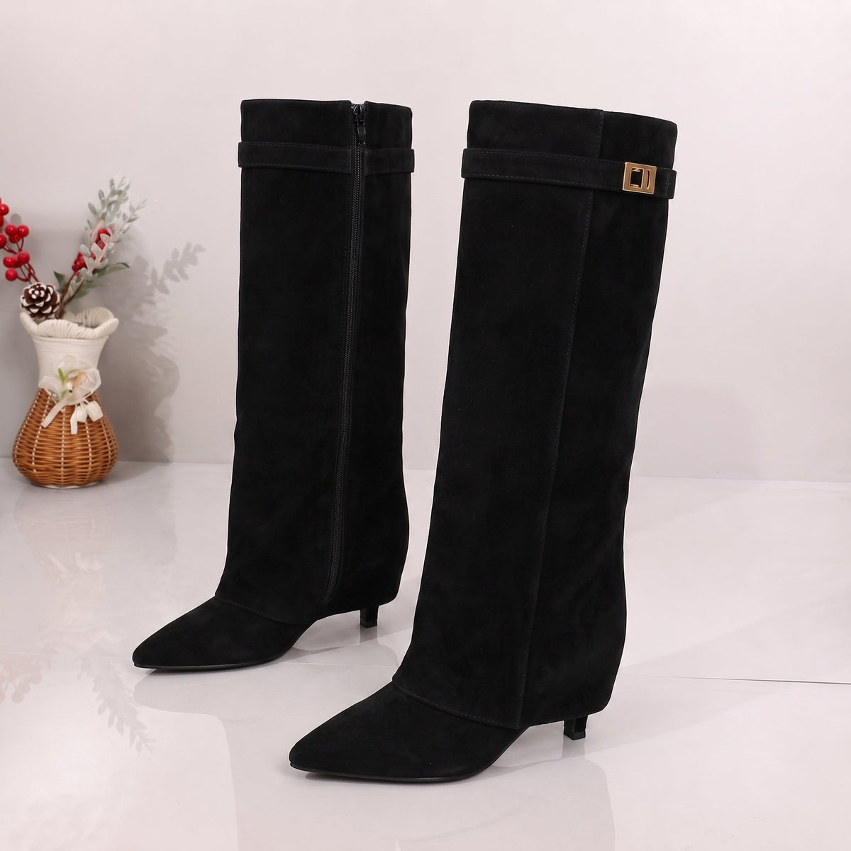 Alice - Dames Pointed Toe Vouw Over Kniehooglaarzen