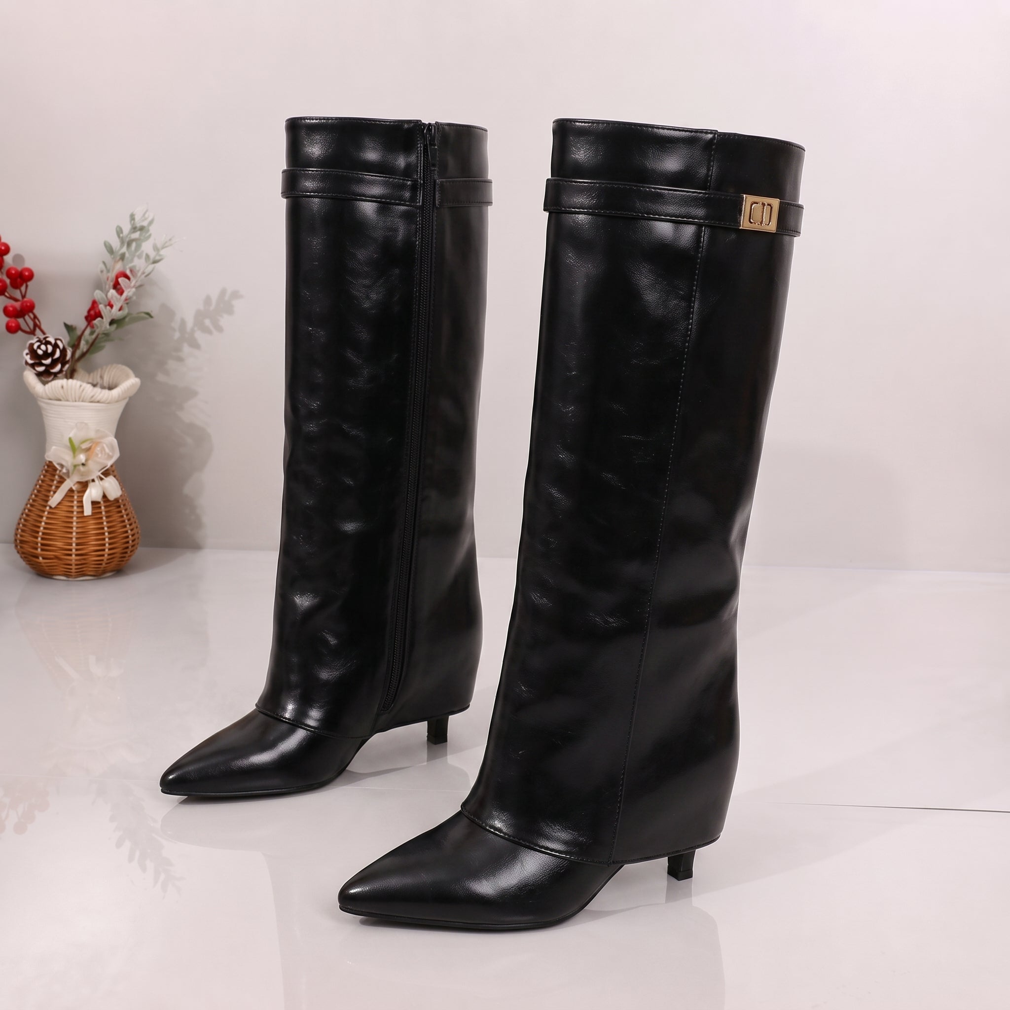 Alice - Dames Pointed Toe Vouw Over Kniehooglaarzen