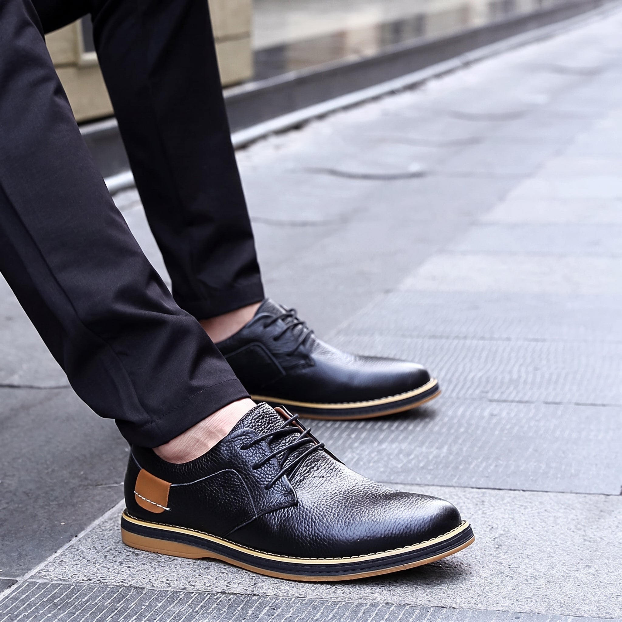Jonas - Heren Casual Effen Derby Schoenen met Contrast Tan Afwerking