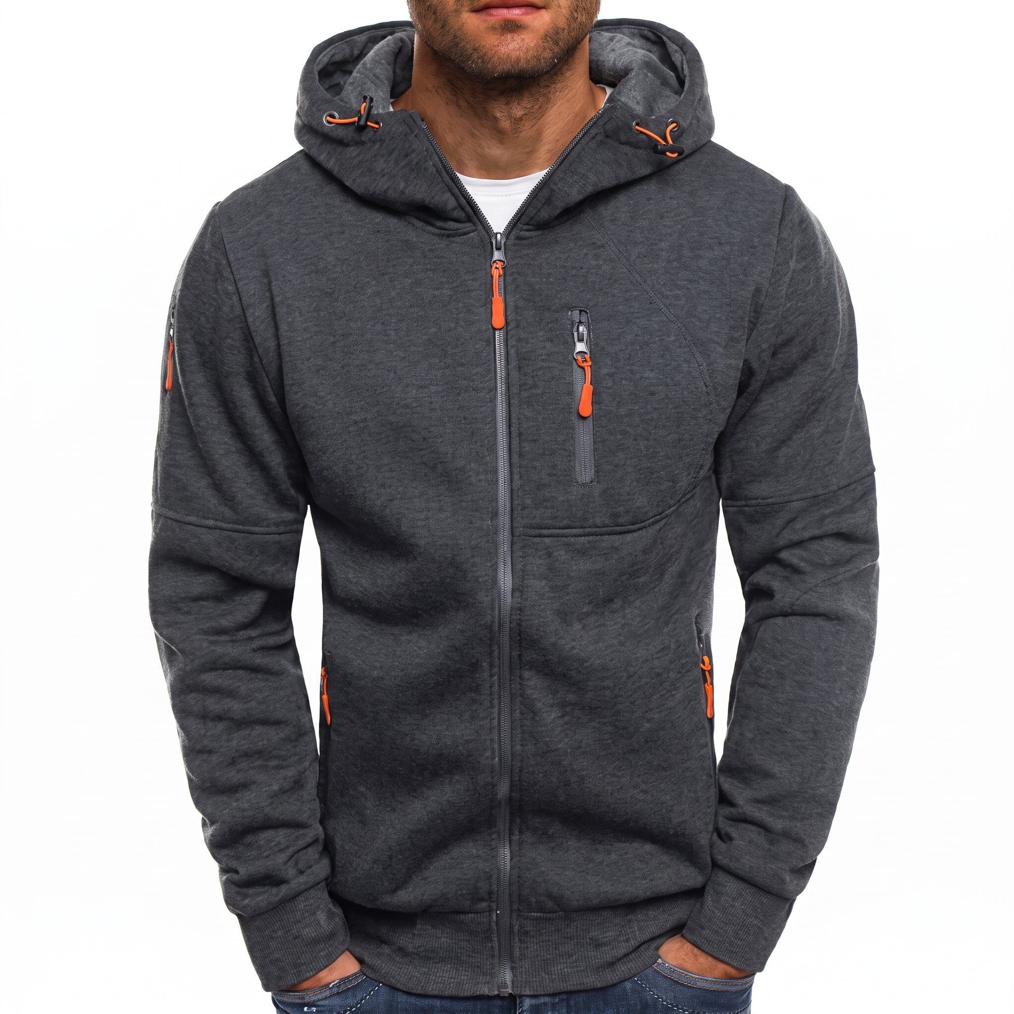 Friedrich - Heren Geribbelde Mouw Multi-Pocket Contrast Rits Hoodie