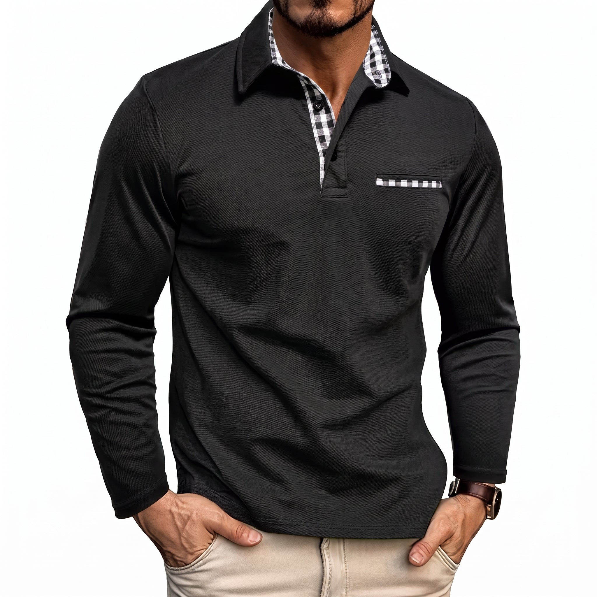 Johann - Heren Poloshirt met Lange Mouwen en Contrast Geruite Kraag