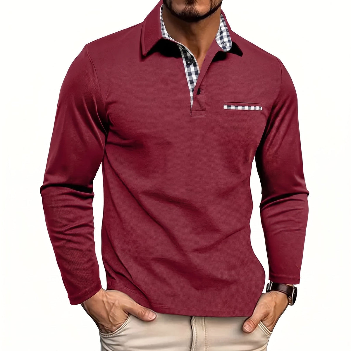 Johann - Heren Poloshirt met Lange Mouwen en Contrast Geruite Kraag