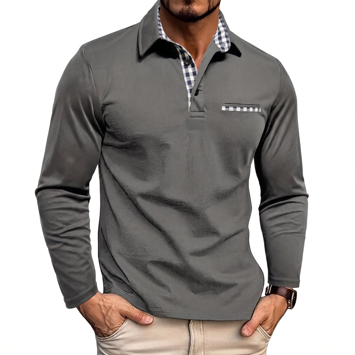 Johann - Heren Poloshirt met Lange Mouwen en Contrast Geruite Kraag