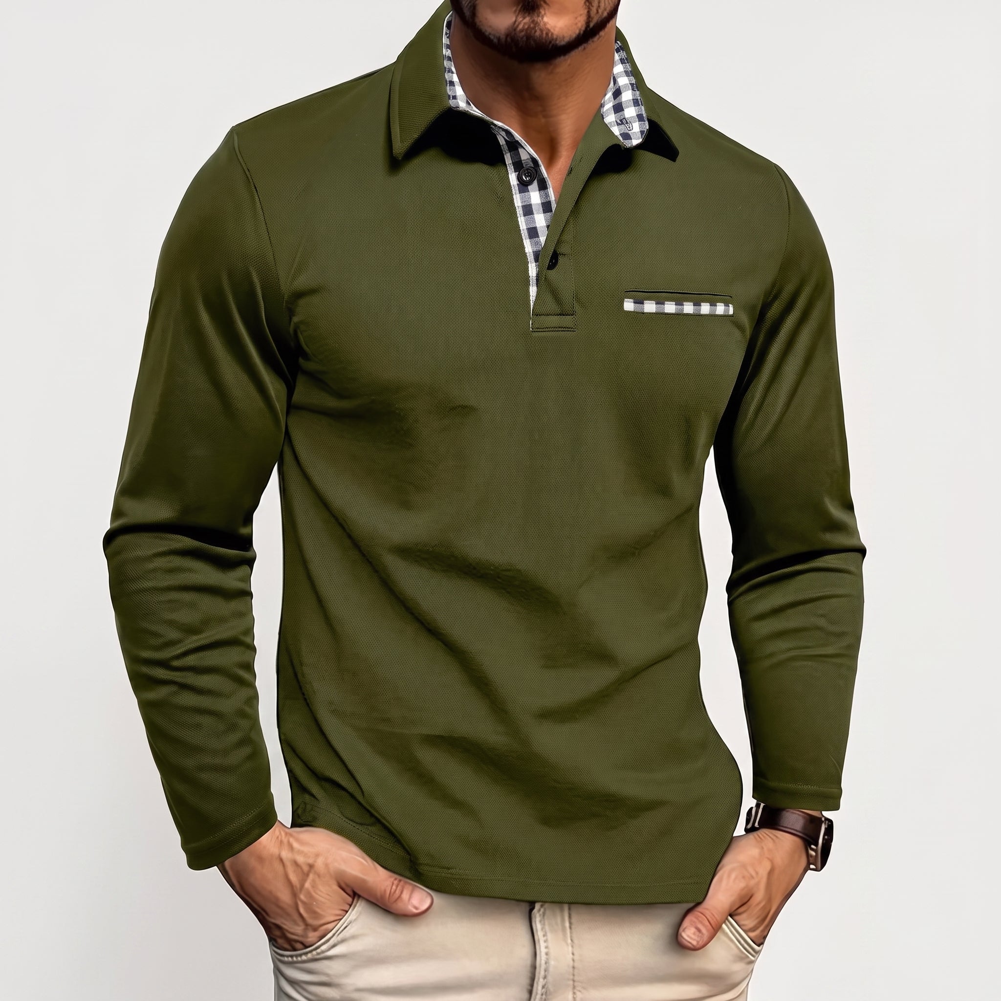 Johann - Heren Poloshirt met Lange Mouwen en Contrast Geruite Kraag