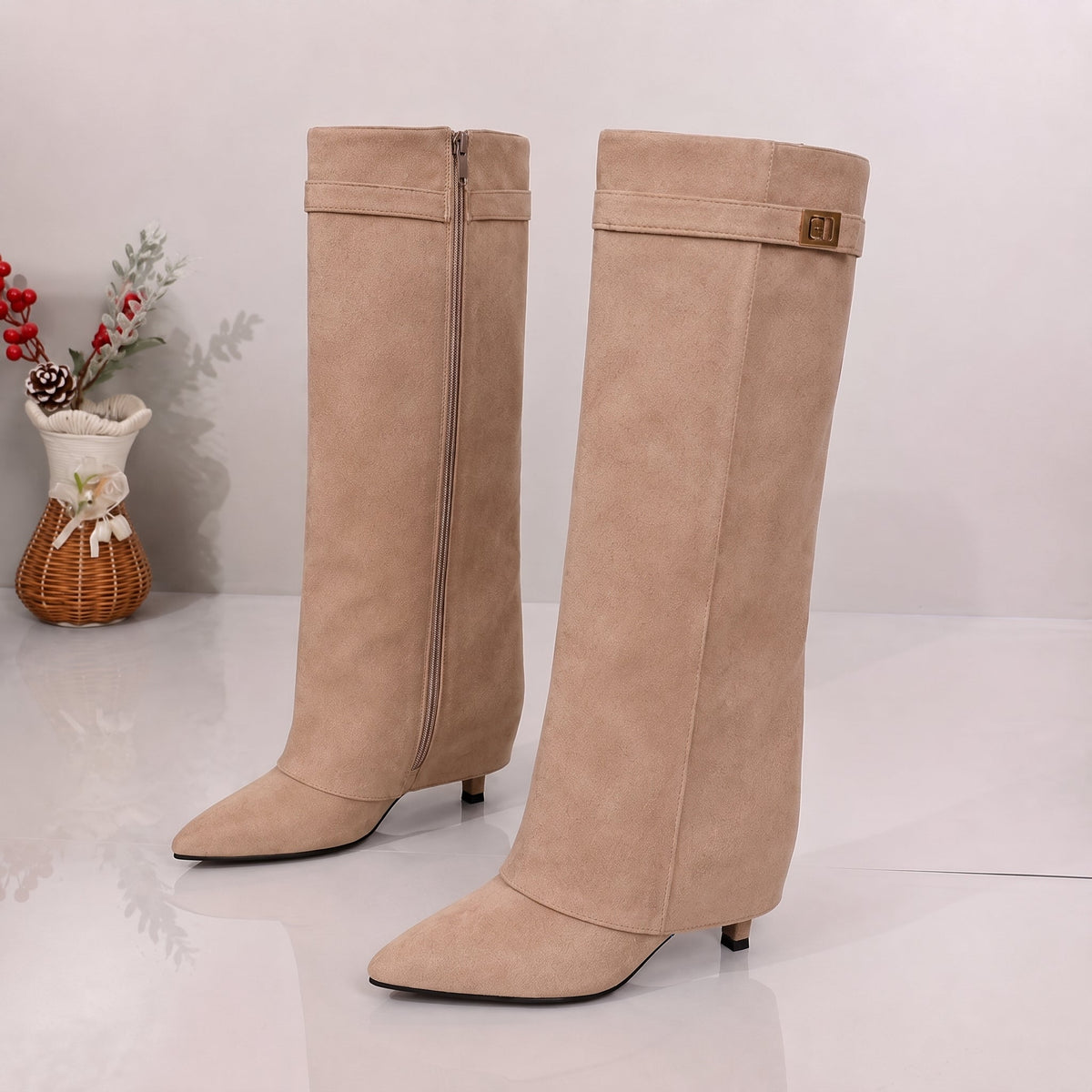 Alice - Dames Pointed Toe Vouw Over Kniehooglaarzen