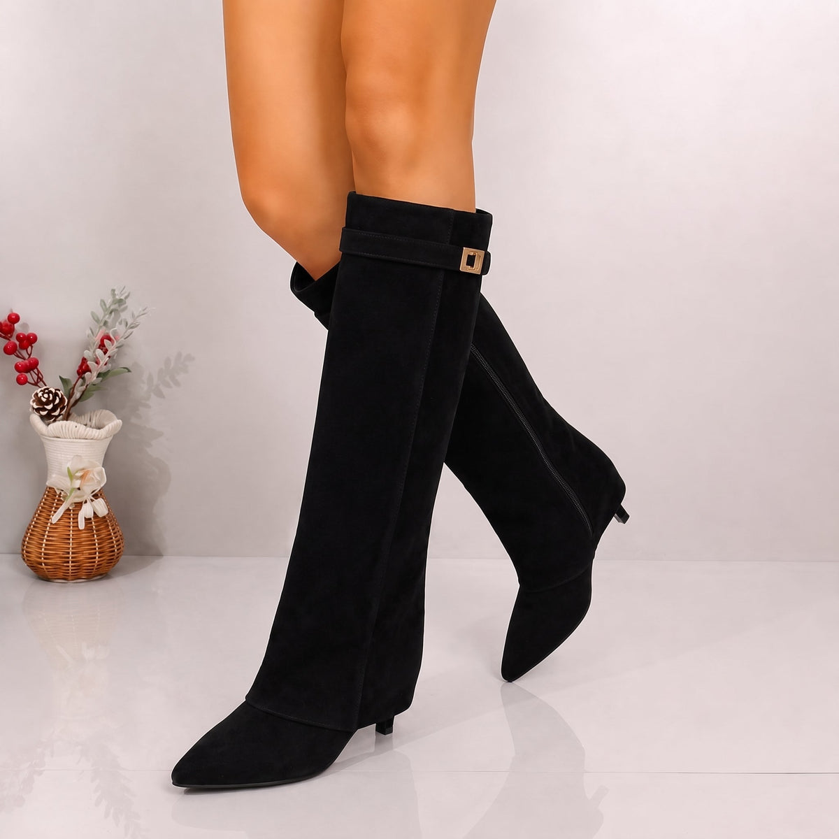 Alice - Dames Pointed Toe Vouw Over Kniehooglaarzen