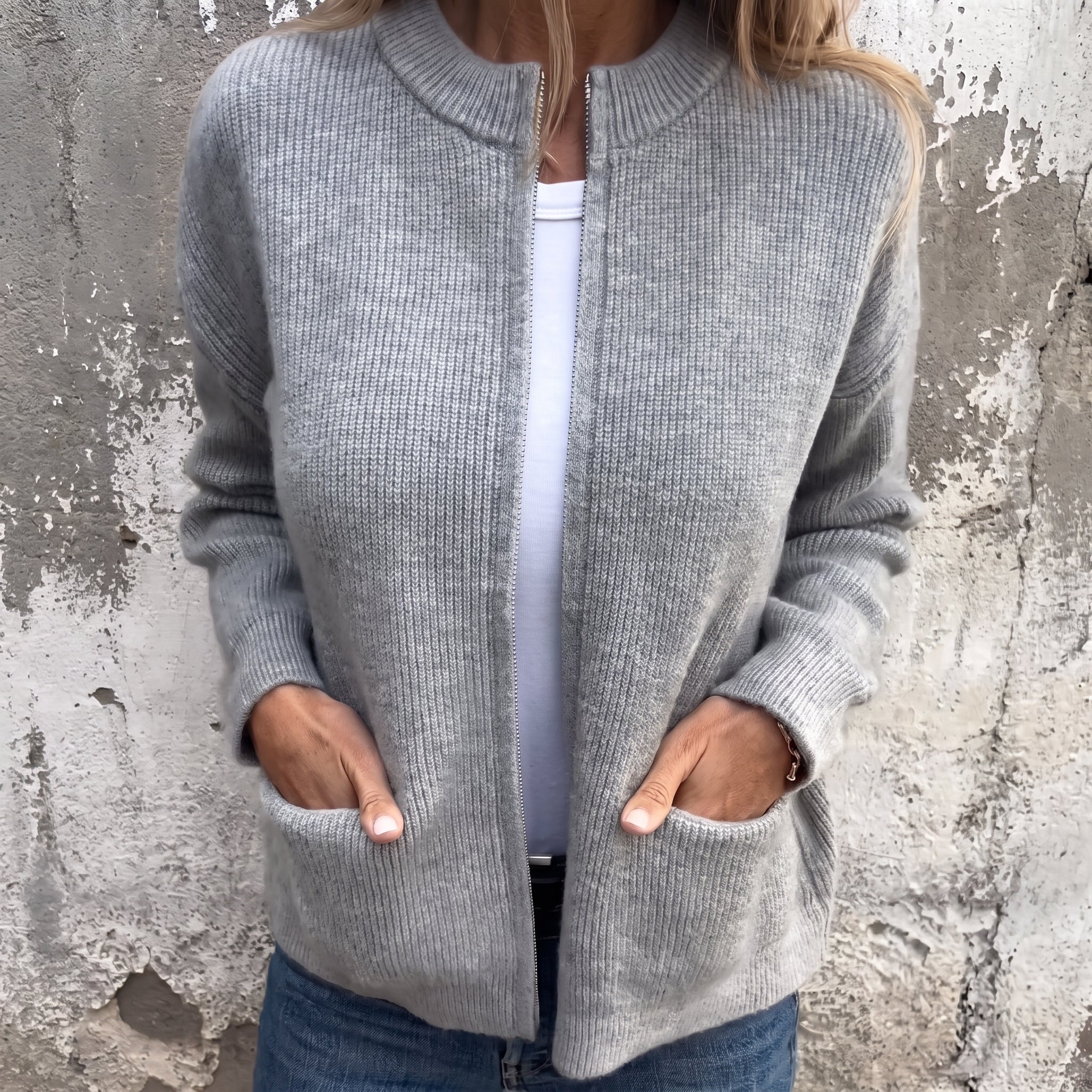 Olivia - Dames Relaxed Zip-Through Geribde Cardigan