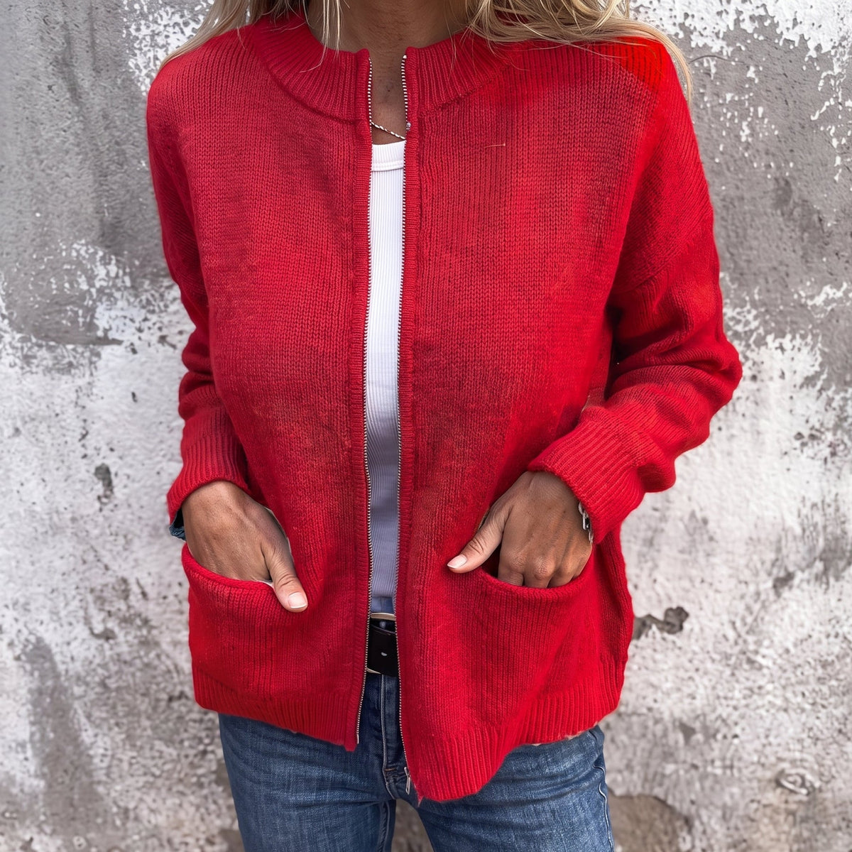 Olivia - Dames Relaxed Zip-Through Geribde Cardigan