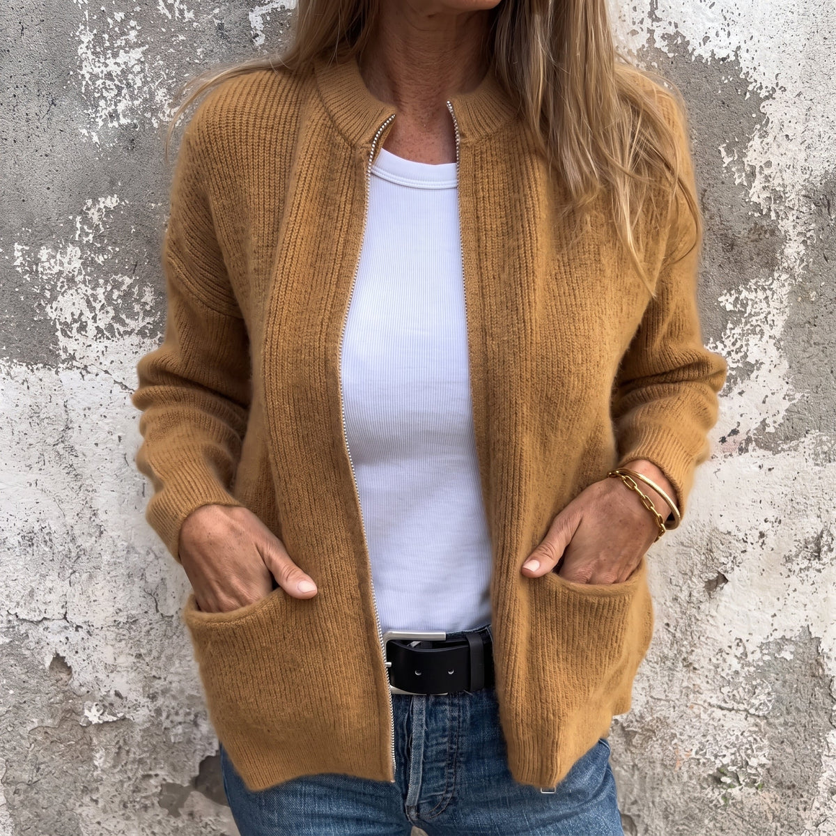Olivia - Dames Relaxed Zip-Through Geribde Cardigan