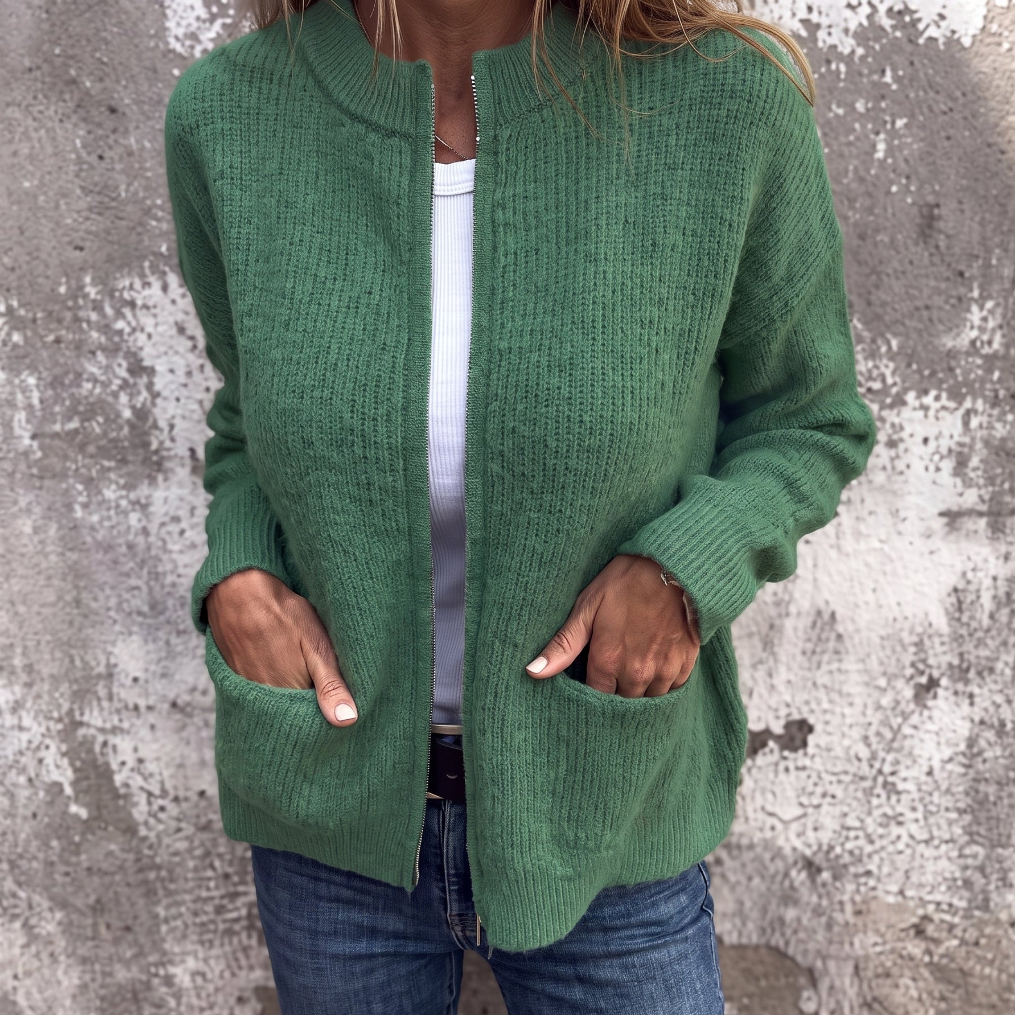 Olivia - Dames Relaxed Zip-Through Geribde Cardigan