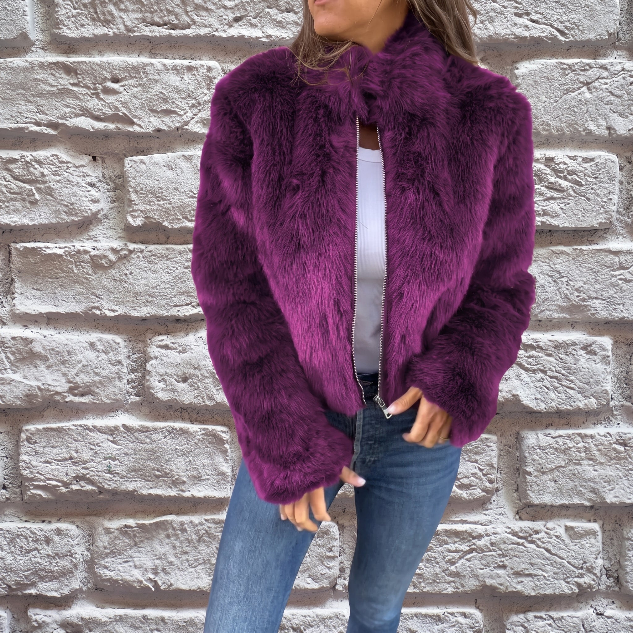 Charlotte - Dames Cropped Fluffy Jacket met Staande Kraag