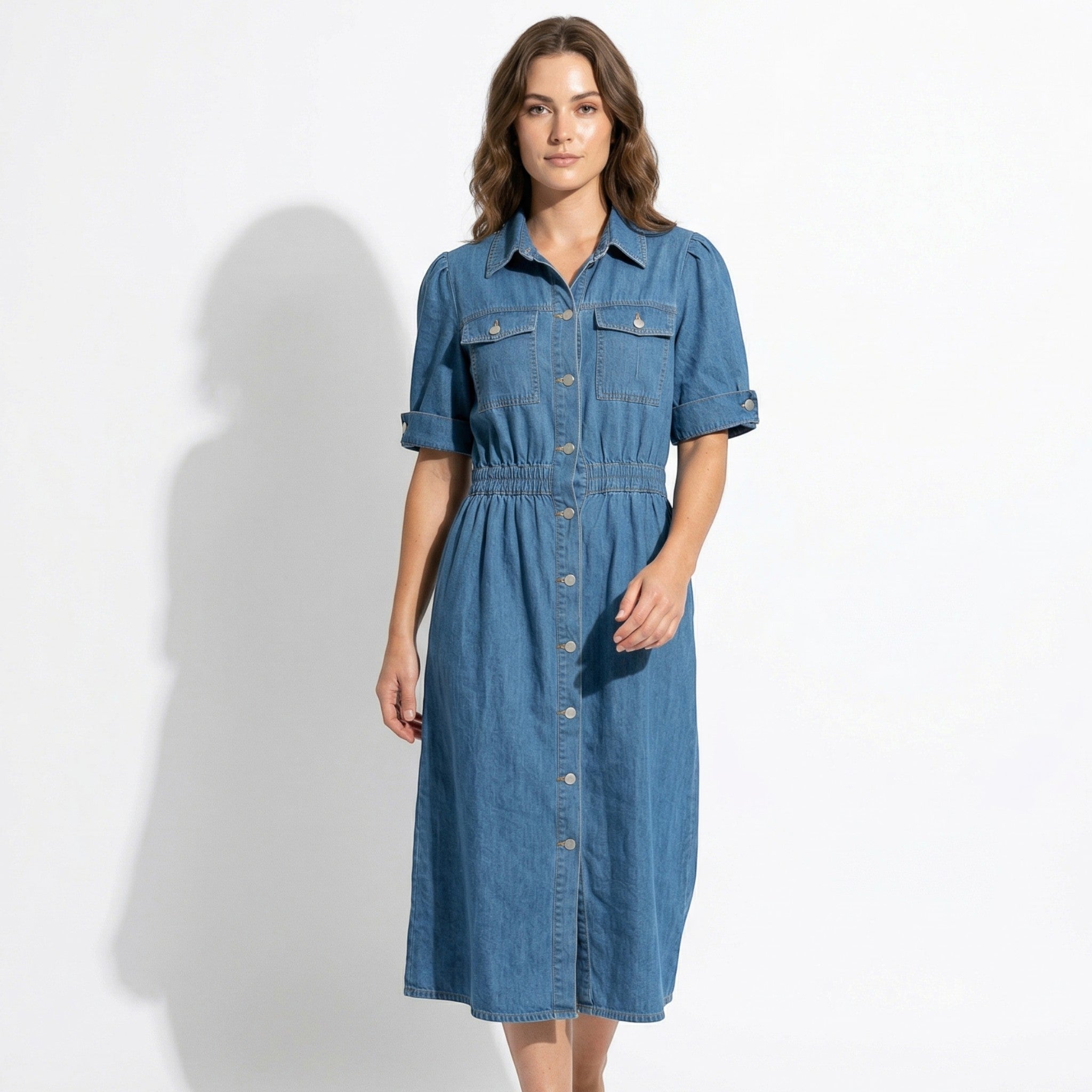 Isabelle – Dames Zomer Denim Midi Jurk met Knopenlijst