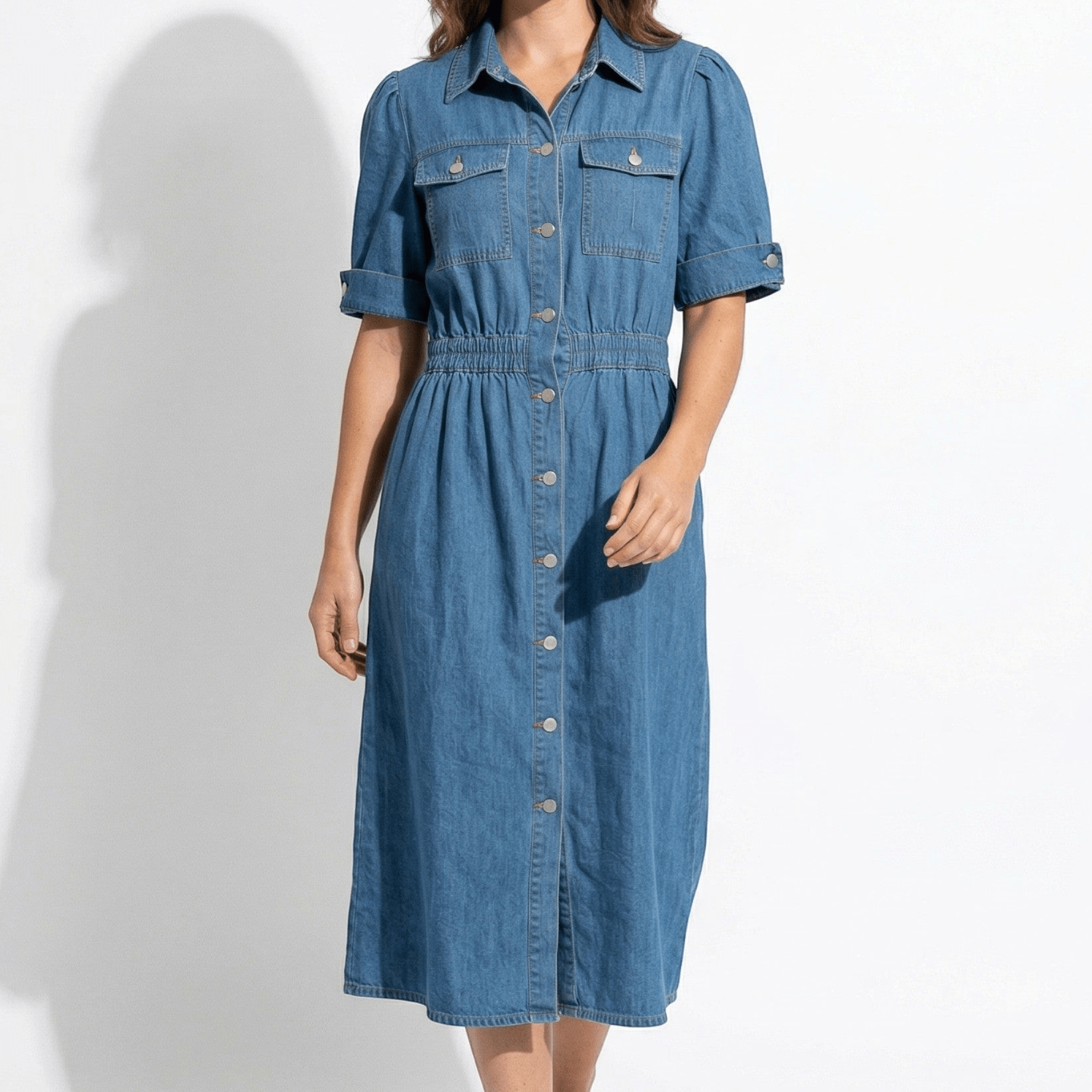 Isabelle – Dames Zomer Denim Midi Jurk met Knopenlijst