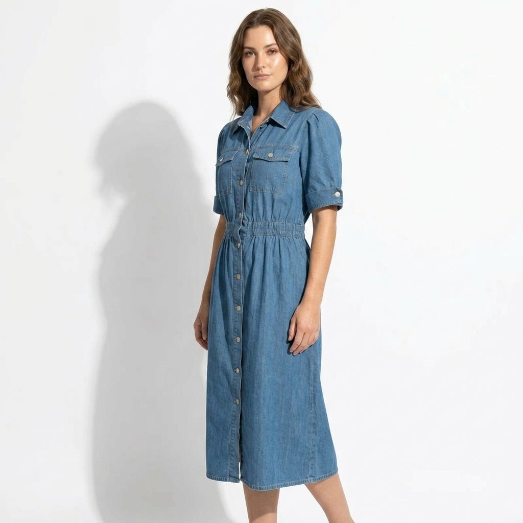Isabelle – Dames Zomer Denim Midi Jurk met Knopenlijst