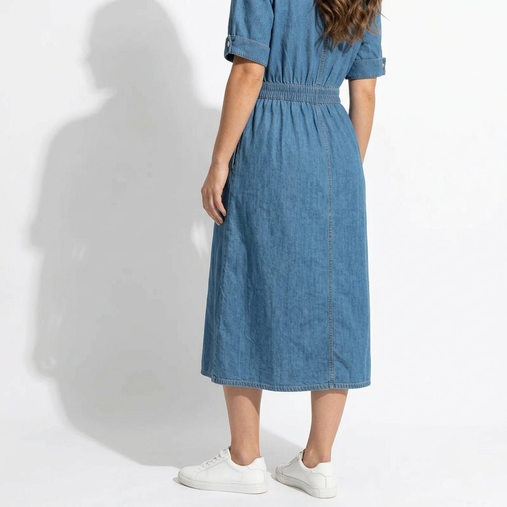 Isabelle – Dames Zomer Denim Midi Jurk met Knopenlijst