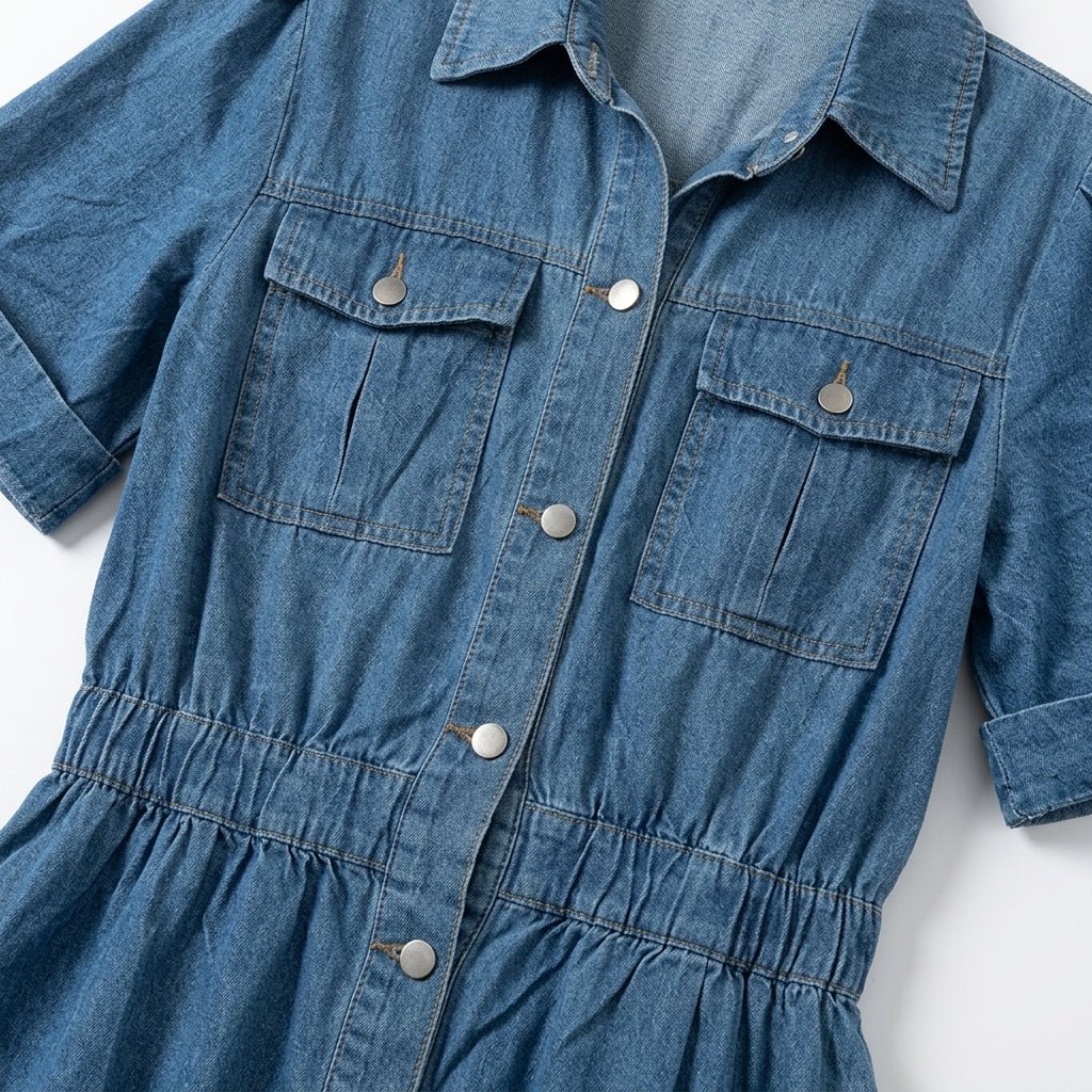 Isabelle – Dames Zomer Denim Midi Jurk met Knopenlijst
