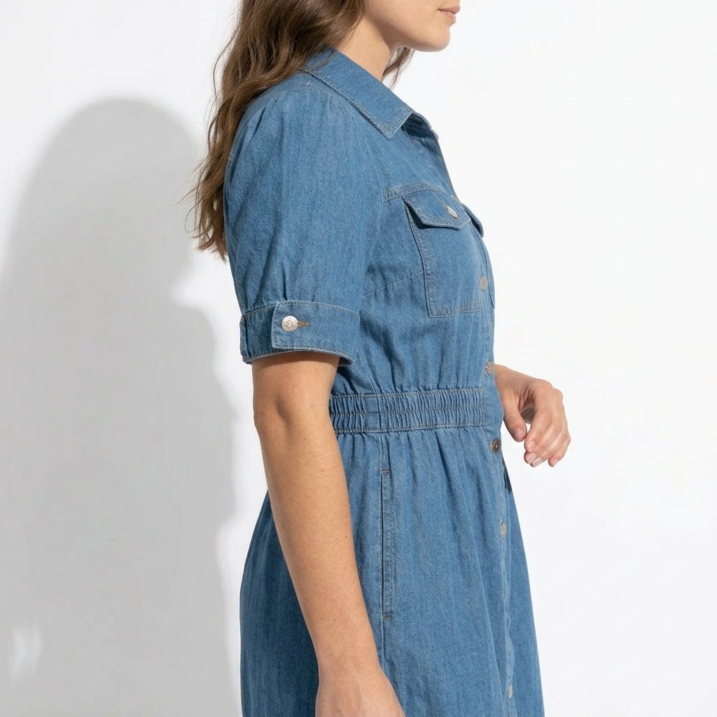 Isabelle – Dames Zomer Denim Midi Jurk met Knopenlijst